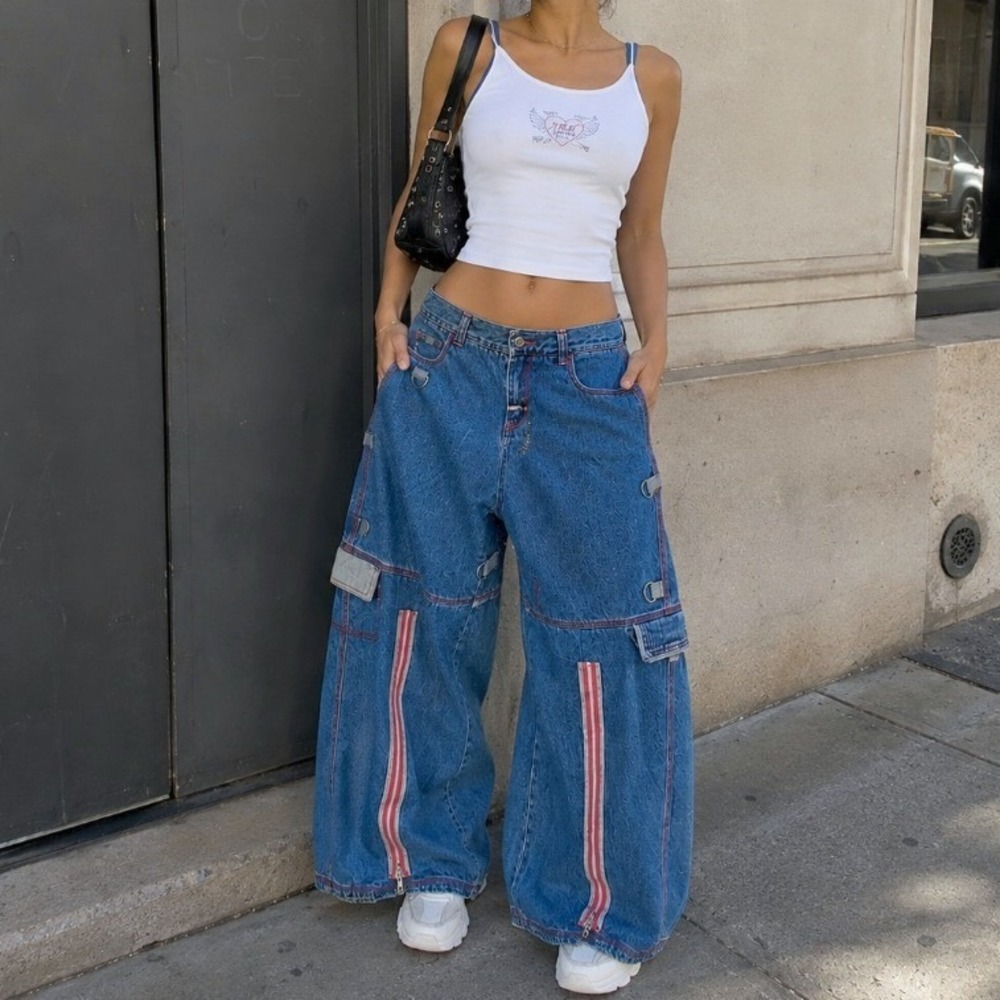 Vintage Y2K Macgirl Wide Leg Blue Jeans 3 Egirl Baggy Grunge Bratz Gorpcore Tech